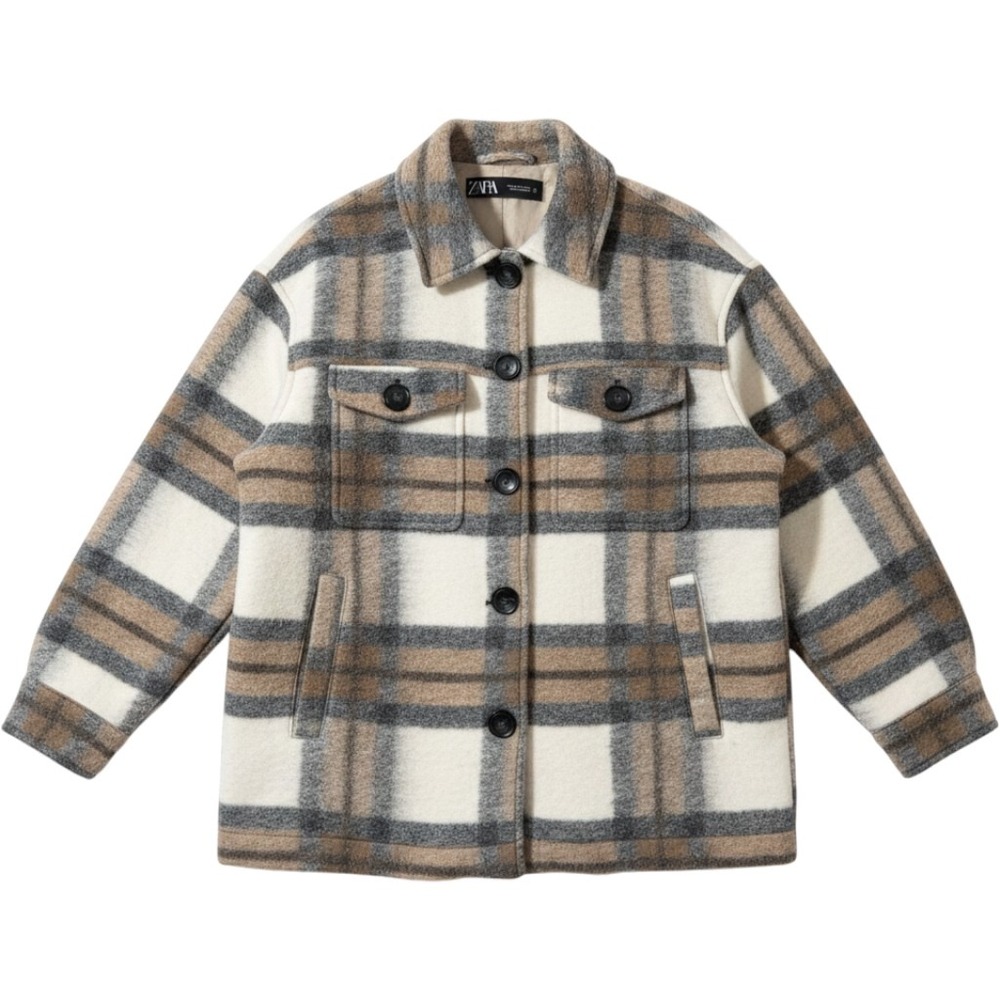 Zara Women Wool Blend Shacket S White Tan Gray Plaid Oversized Shirt Jacket